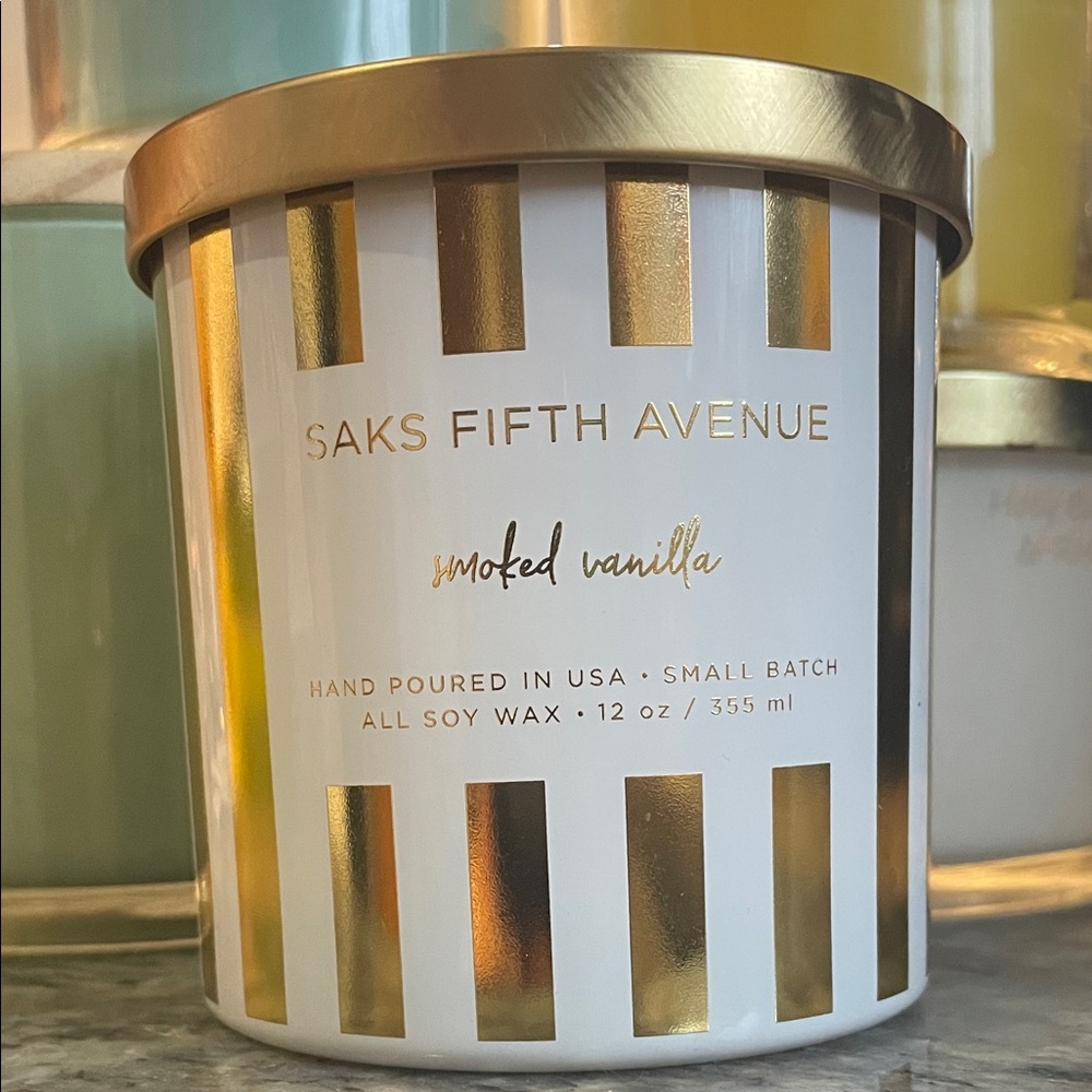Saks Fifth Avenue Gold and White Smoked Vanilla Candle